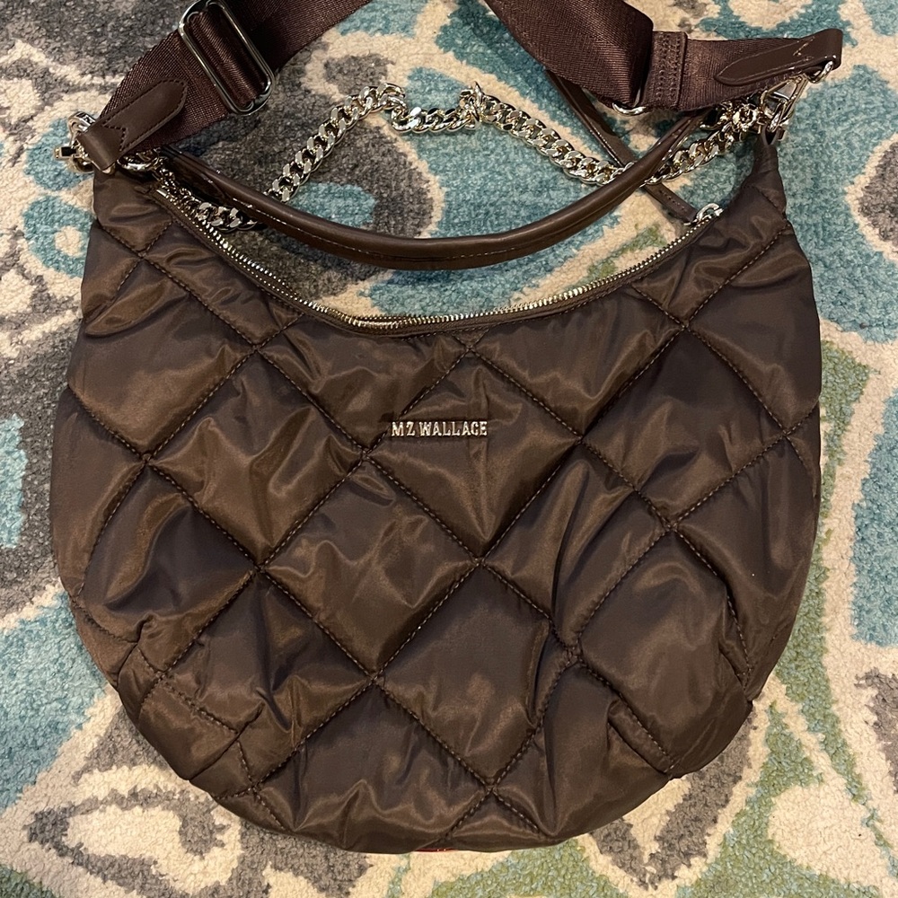 MZ Wallace Brown Quilted Shoulder Bag with Gold Hardware and Crescent Shape